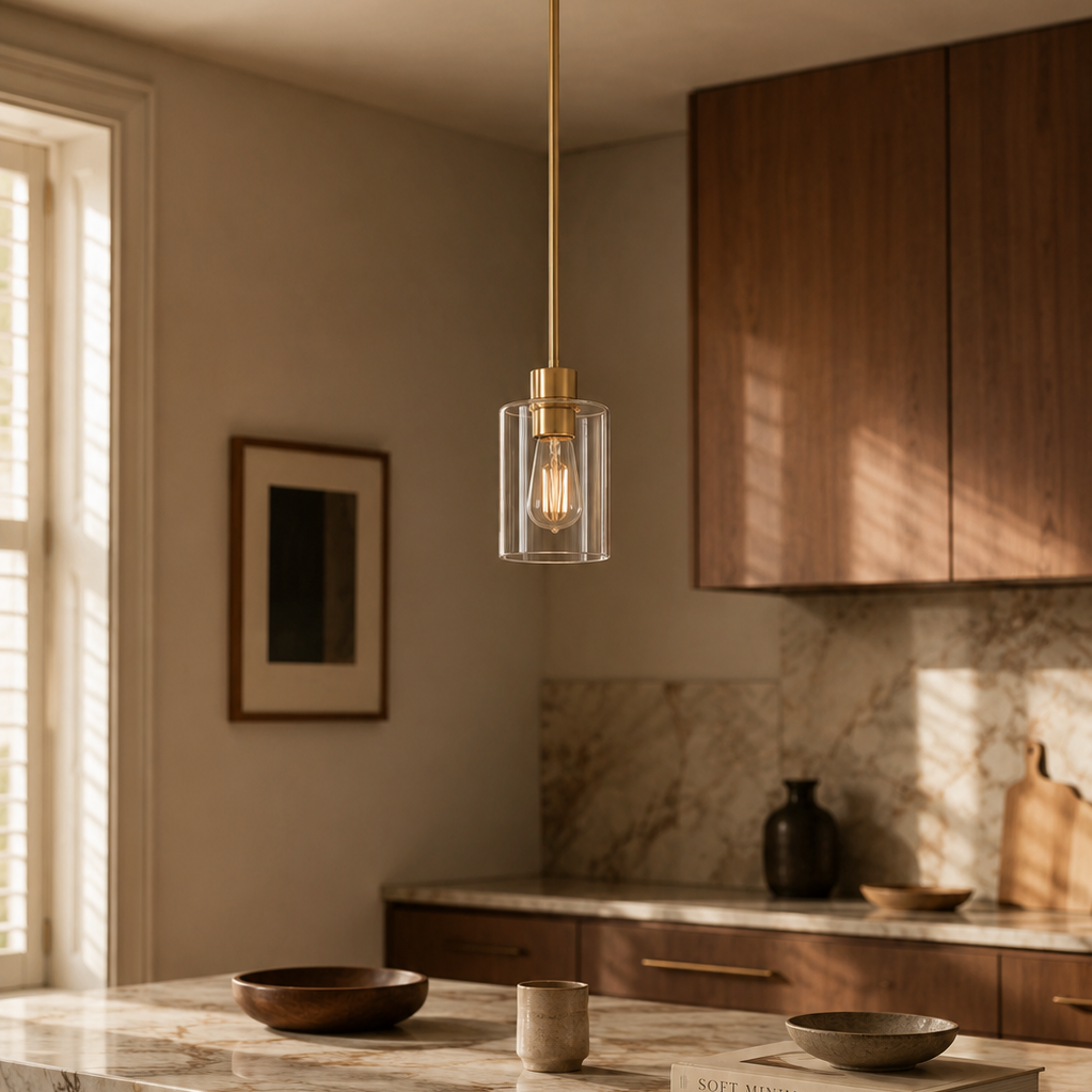 Minimalist glass cylinder ceiling light - kitchen marble