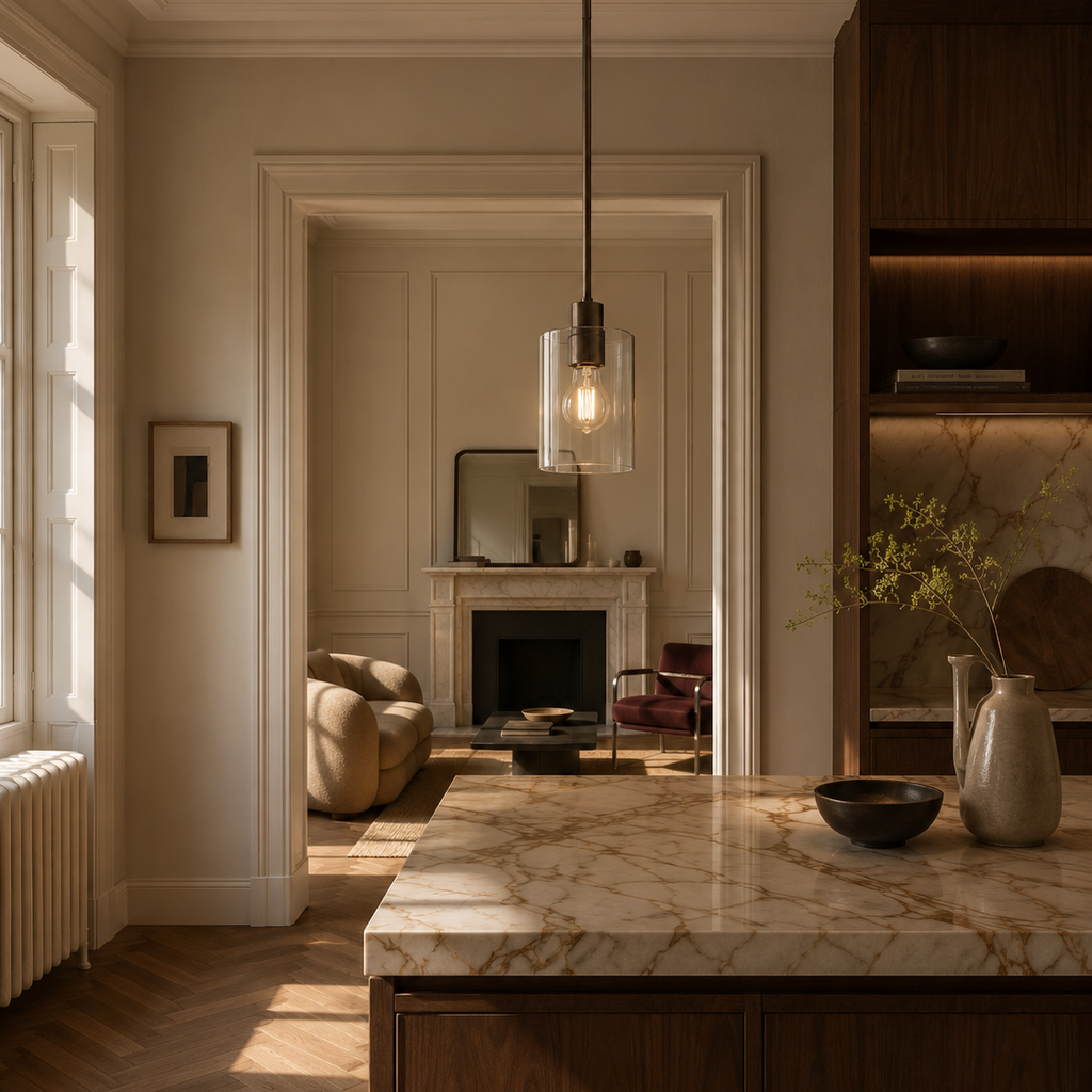 Minimalist glass cylinder ceiling light - living room fireplace