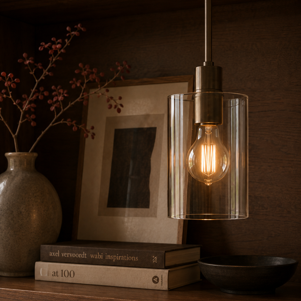 Minimalist glass cylinder ceiling light - shelf books 1