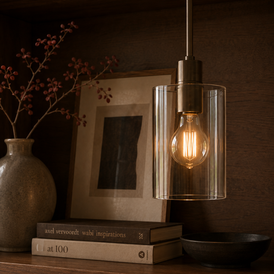 Minimalist glass cylinder ceiling light - shelf books 1