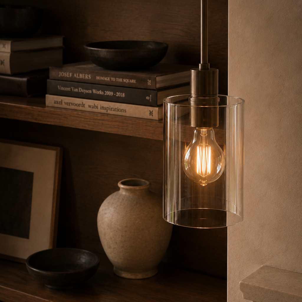 Minimalist glass cylinder ceiling light - shelf books 3