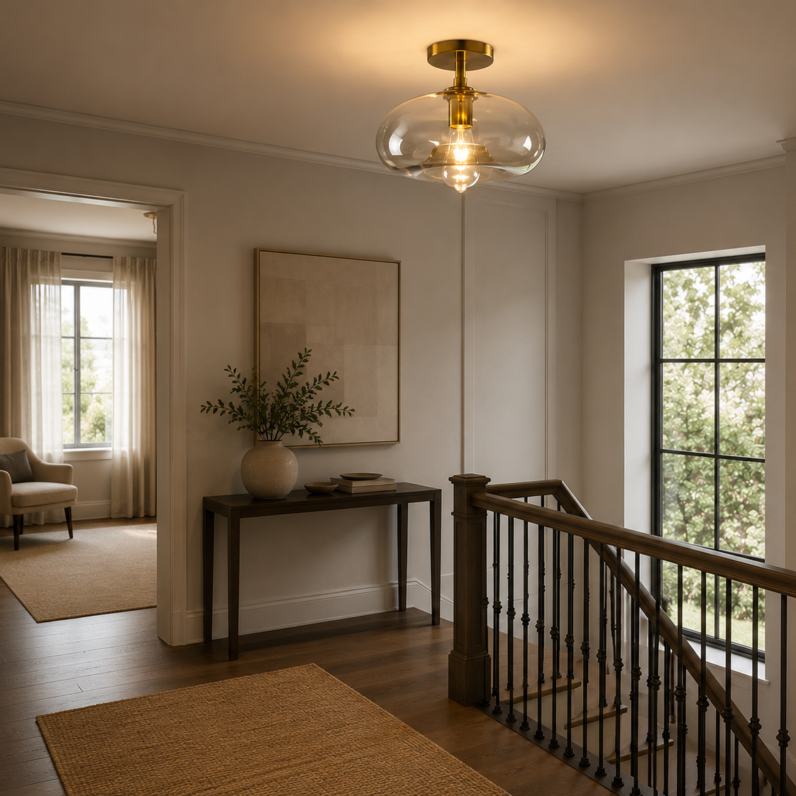Minimalist glass LED flush mount - hallway