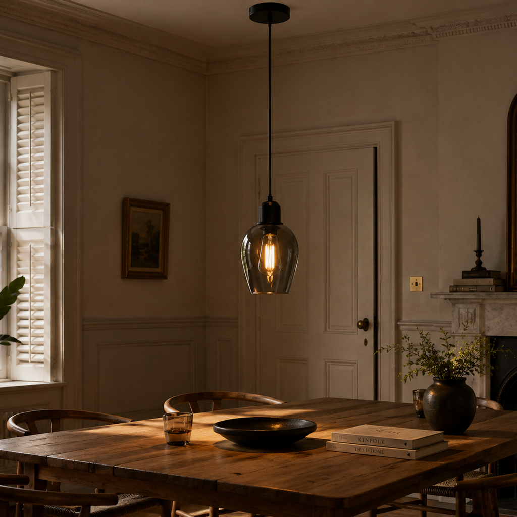 Vintage black glass pendant light - dining room 2