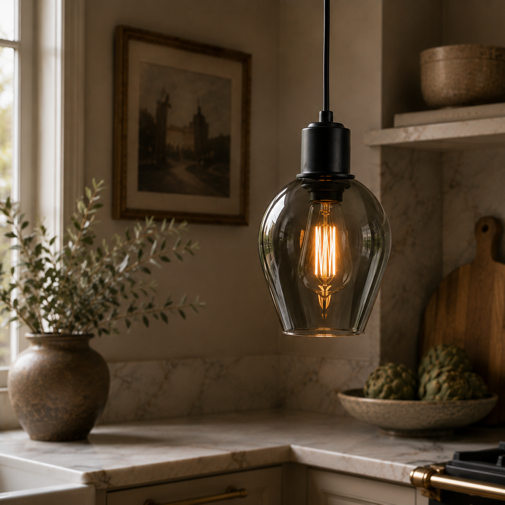 Vintage black glass pendant light - kitchen wide