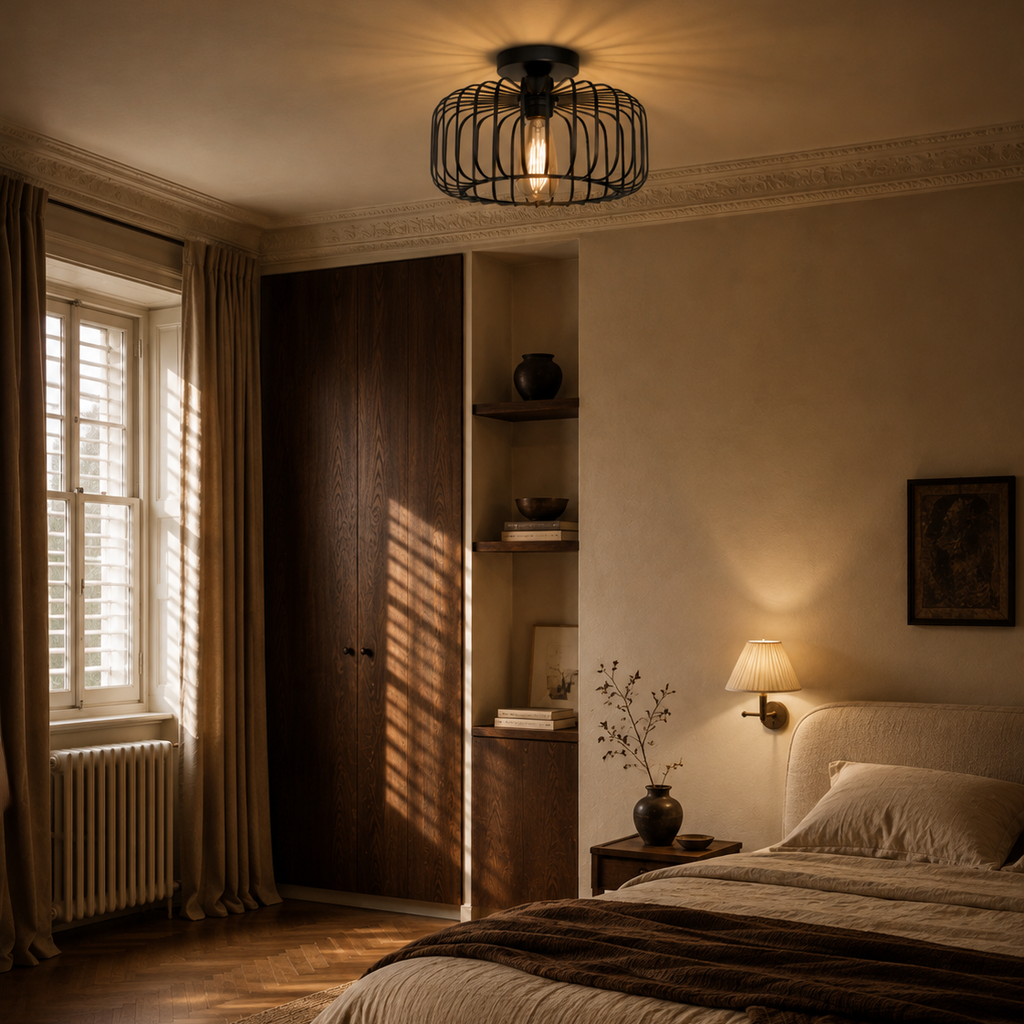 Industrial cage ceiling light - bedroom 2