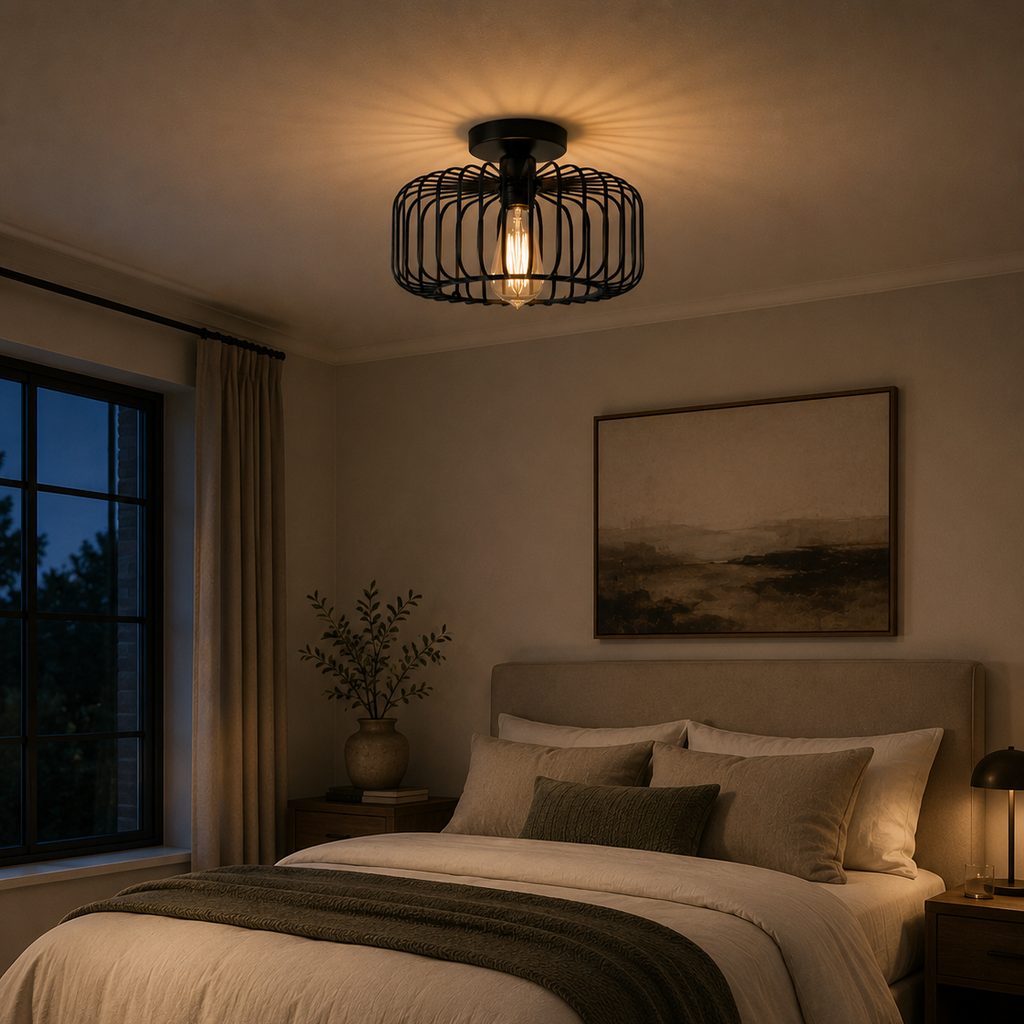 Industrial cage ceiling light - bedroom