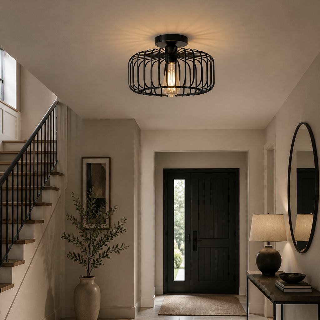 Industrial cage ceiling light - hallway