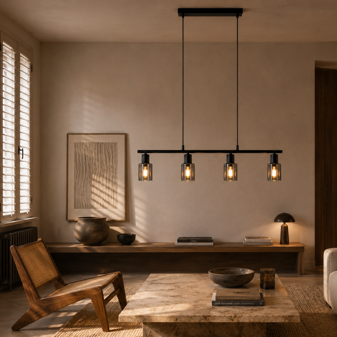 4-bulb industrial pendant light - living bedroom wide