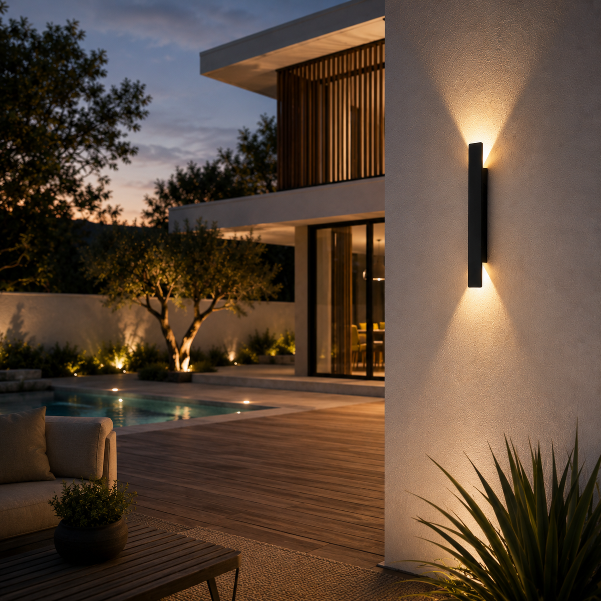 IP65 up-down aluminium wall light installed outdoors - poolside deck dusk