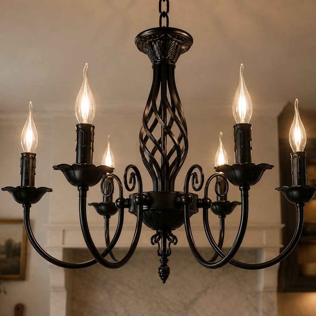 European black iron chandelier - close-up detail