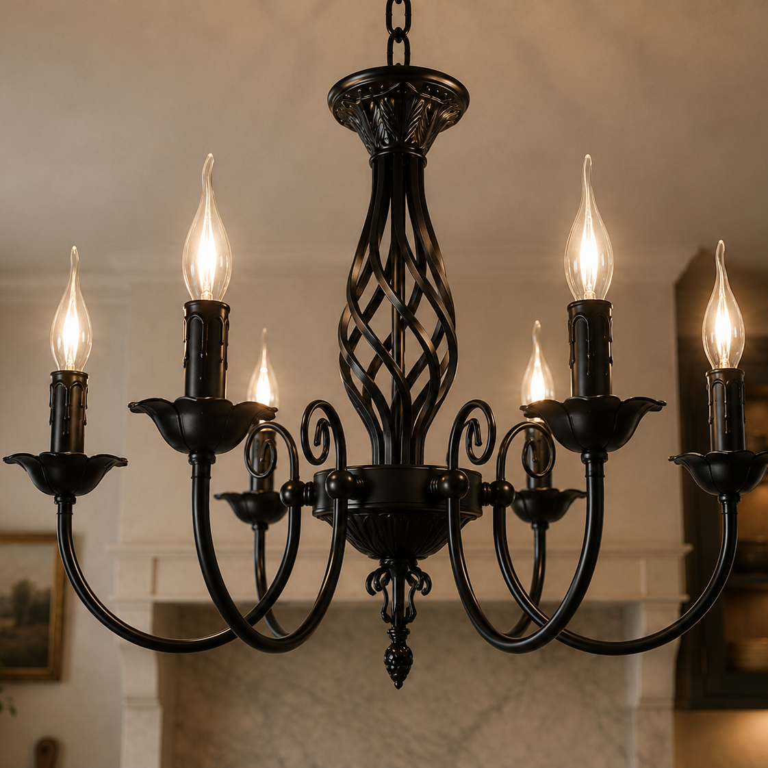 European black iron chandelier - close-up detail
