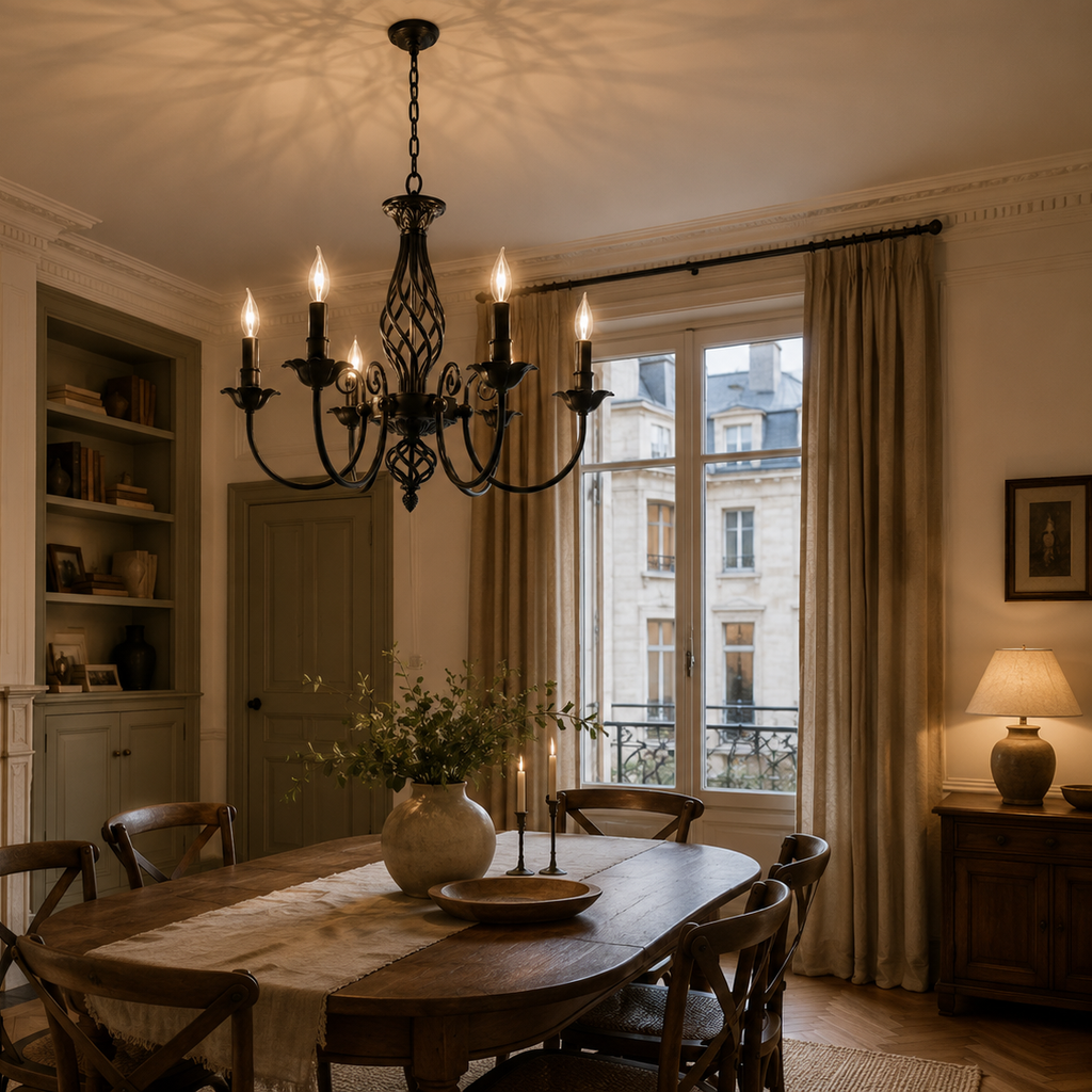 European black iron chandelier - dining room