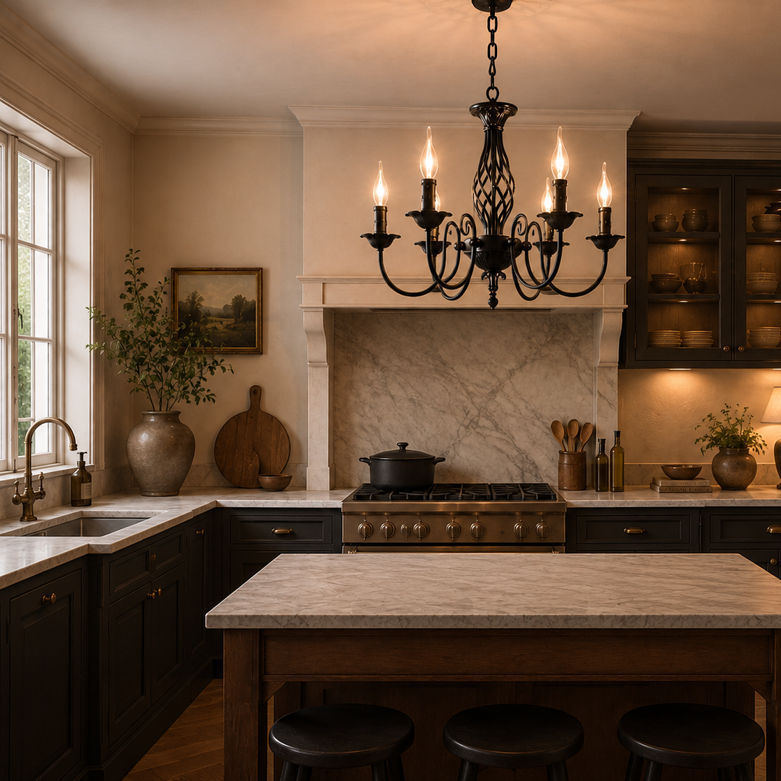 European black iron chandelier - kitchen