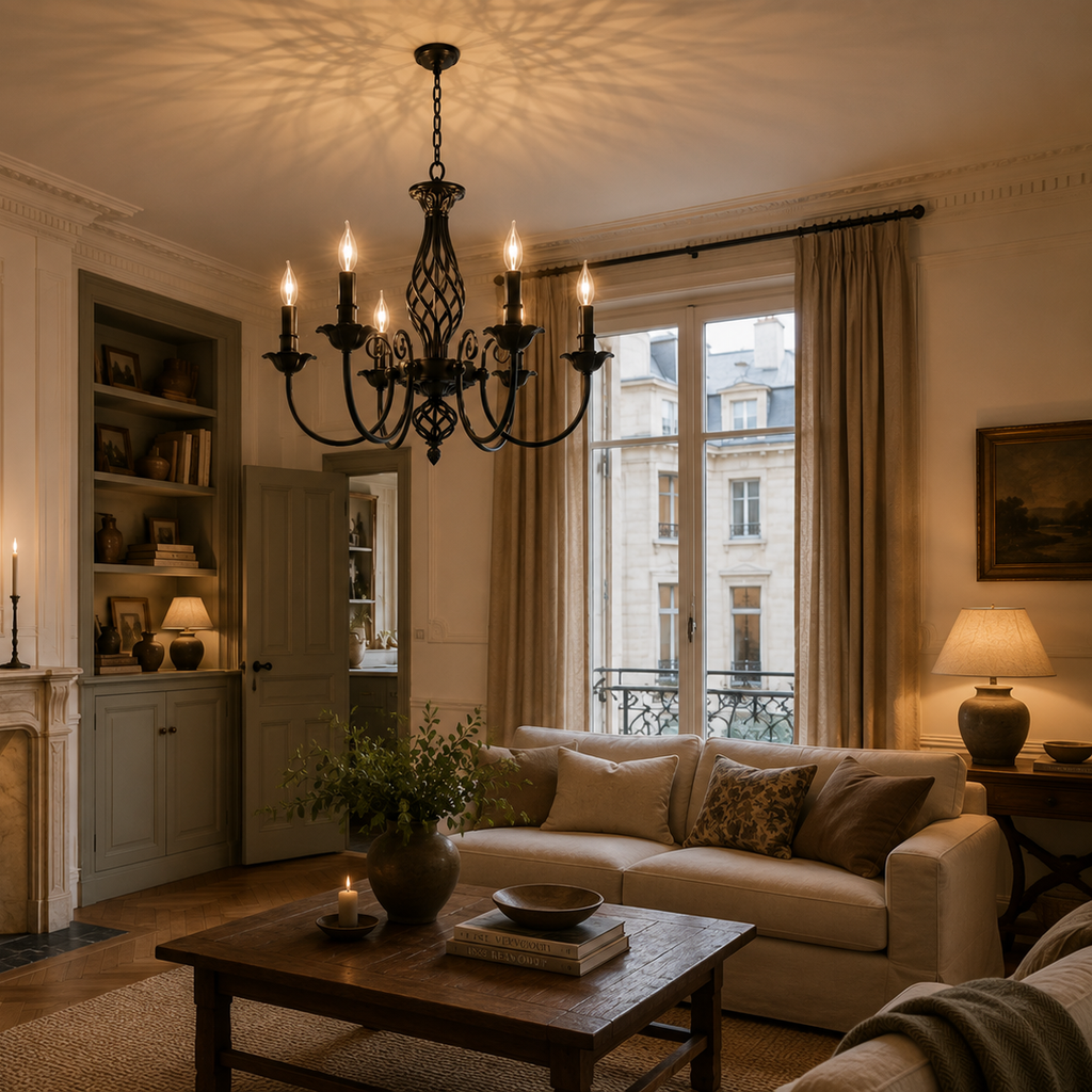 European black iron chandelier - living room