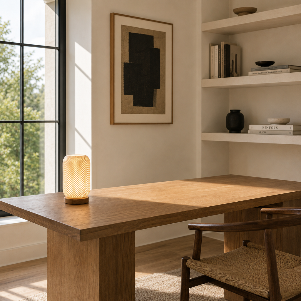 Nordic LED desk lamp on a wooden table beside dining chairs