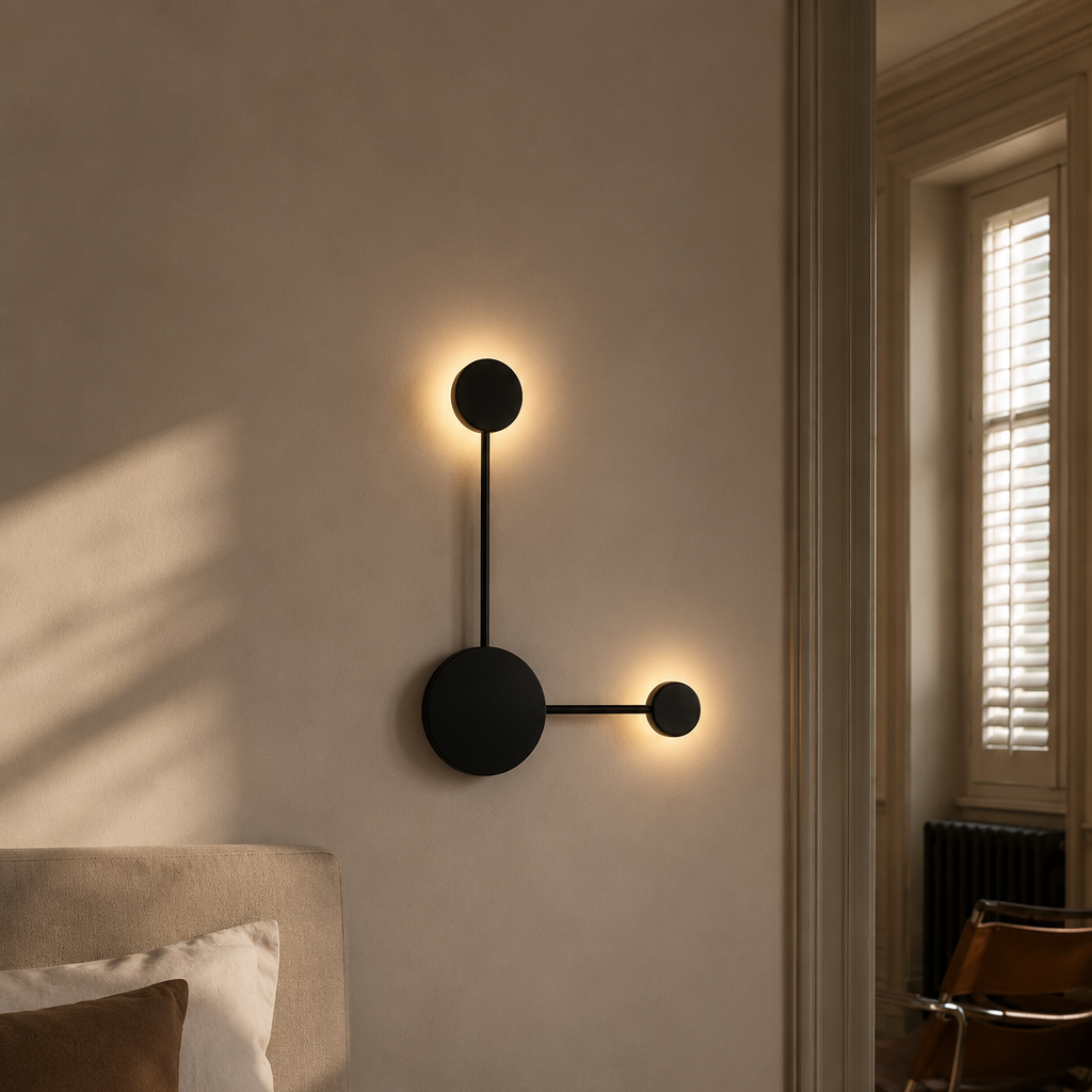 Black two-head LED wall light mounted beside the bed in a warm modern bedroom