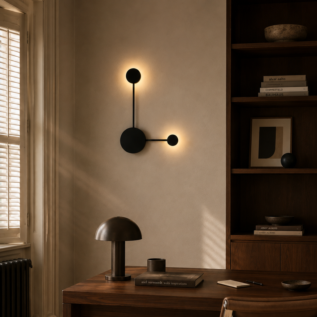 Black two-head LED wall light above a walnut desk in a home office