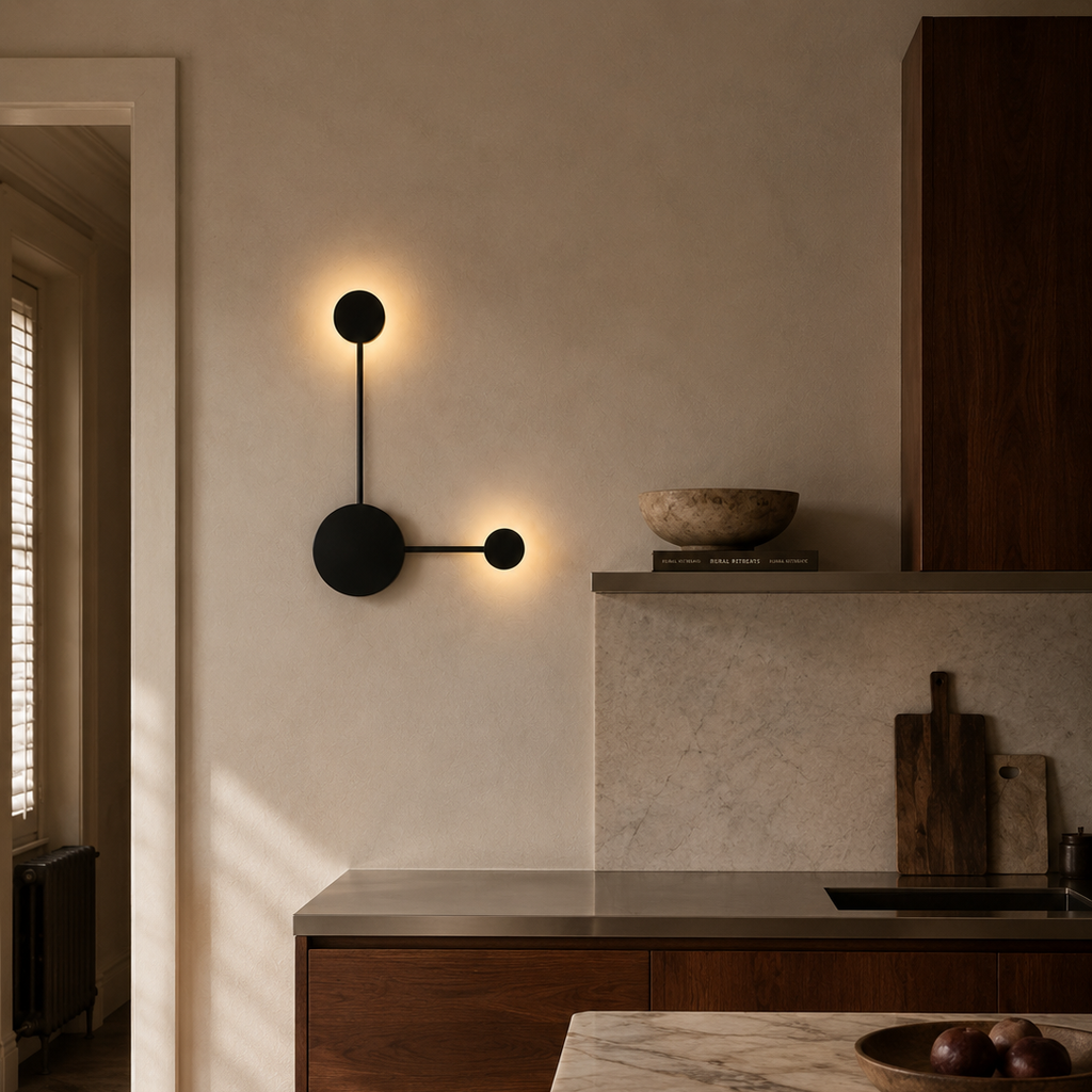 Black two-head LED wall light on a plaster wall in a walnut and marble kitchen