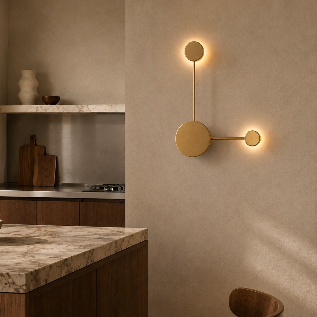 Brass two-head LED wall light on a plaster wall in a warm modern kitchen