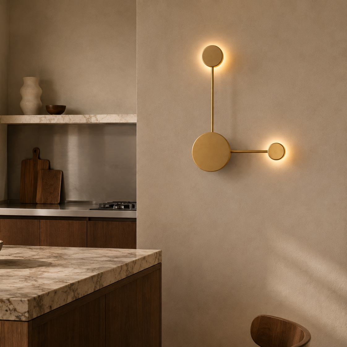 Brass two-head LED wall light on a plaster wall in a warm modern kitchen