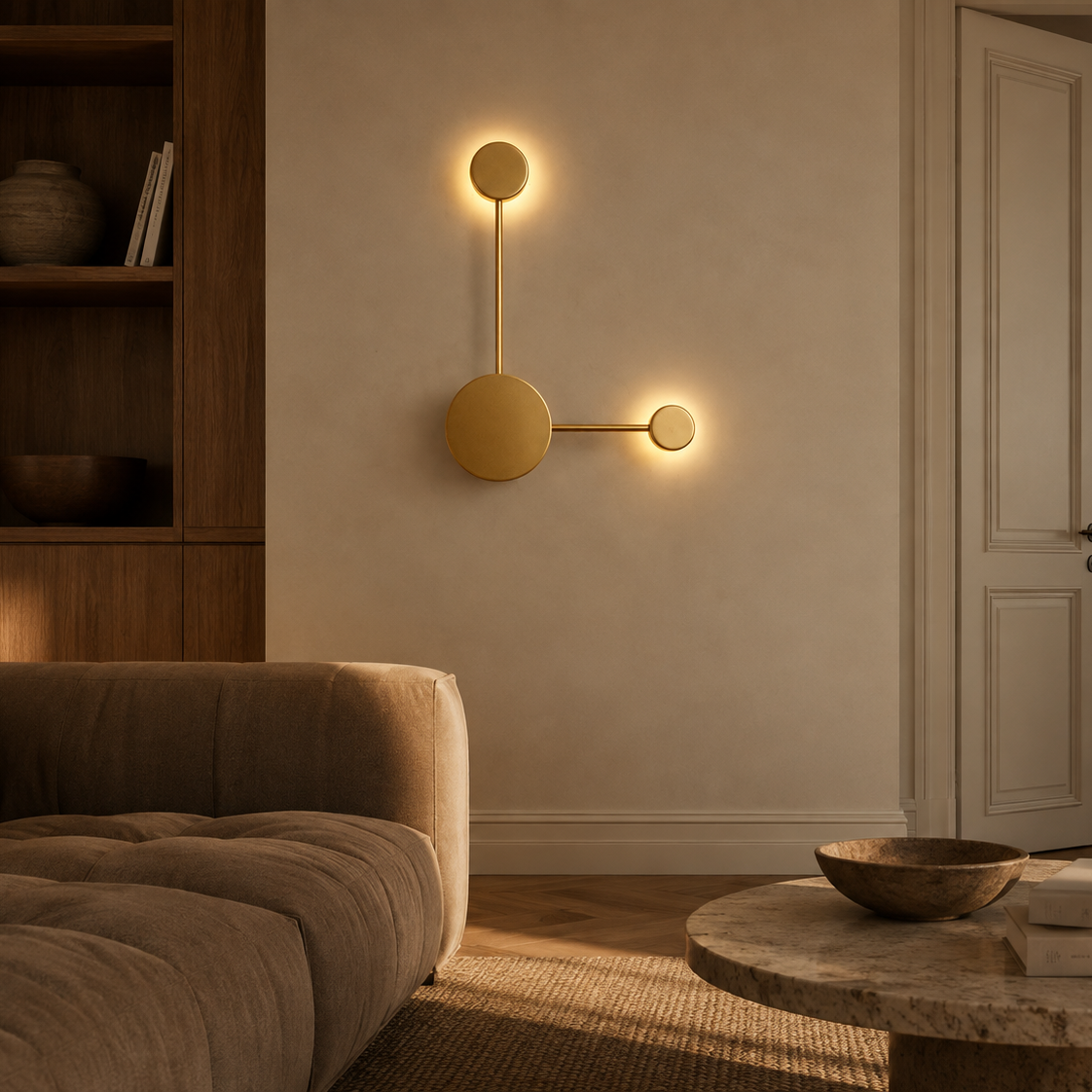 Brass two-head LED wall light above a boucle sofa in a warm living room