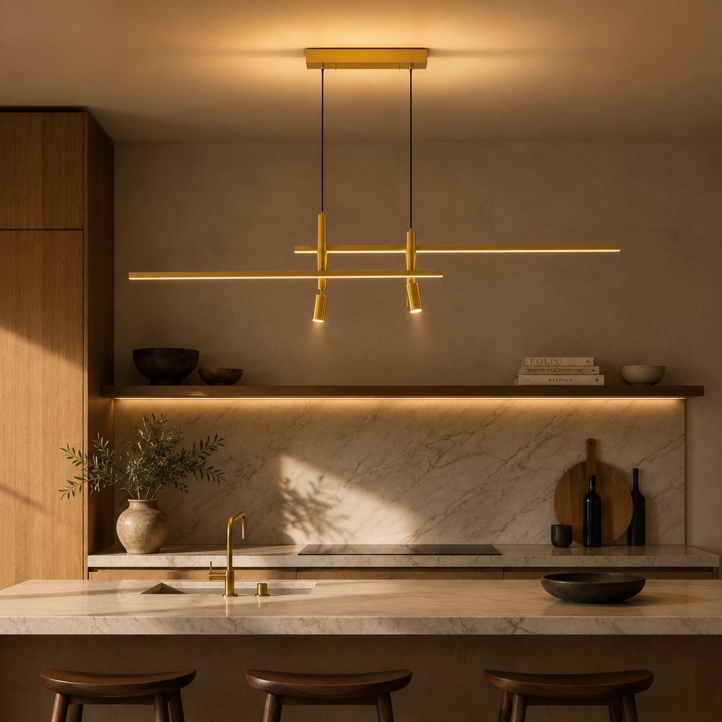 Gold and black linear LED pendant light - bedroom window