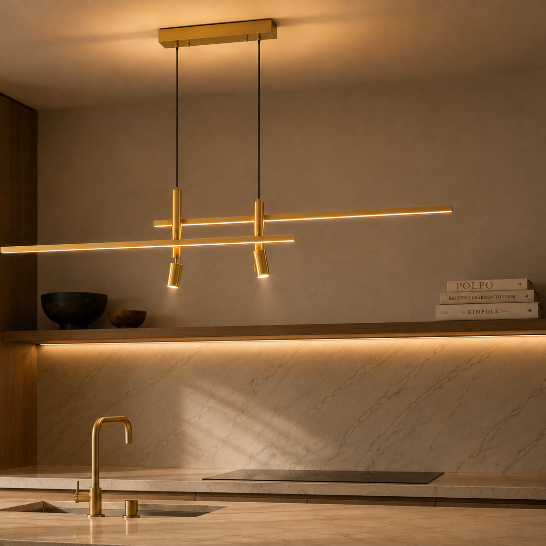 Gold and black linear LED pendant light - dining room