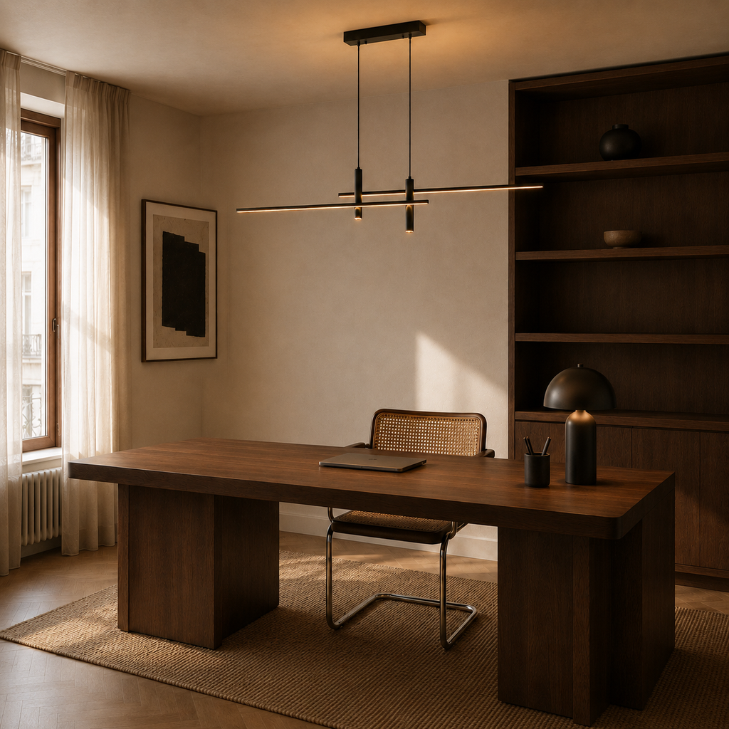 Gold and black linear LED pendant light - home office 3