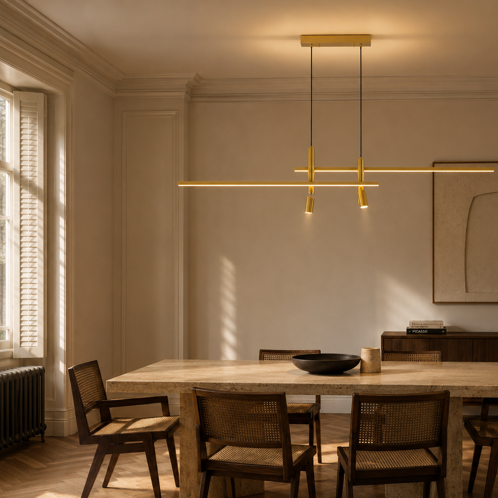 Gold and black linear LED pendant light - home office desk 2