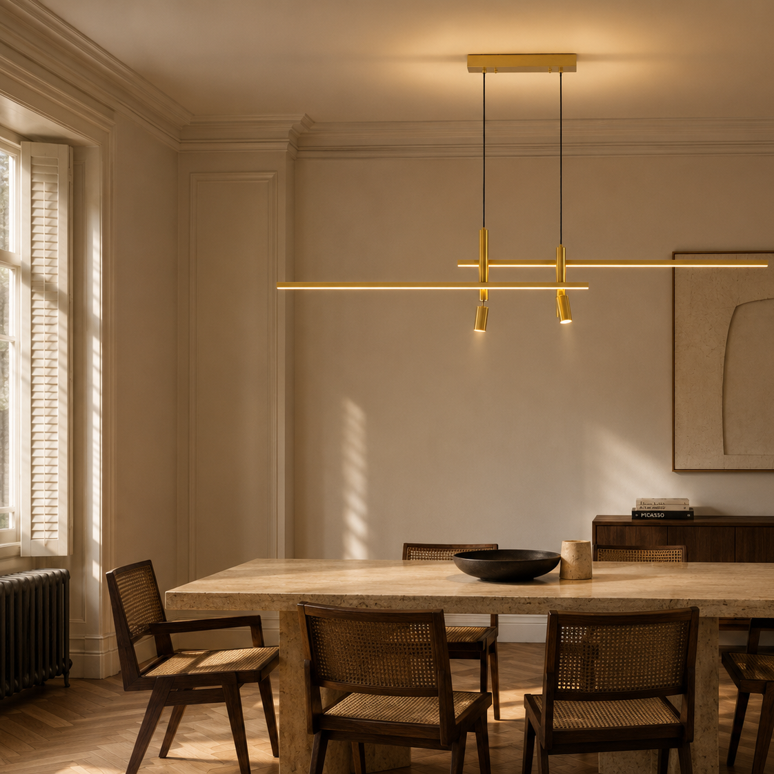 Gold and black linear LED pendant light - home office desk 2
