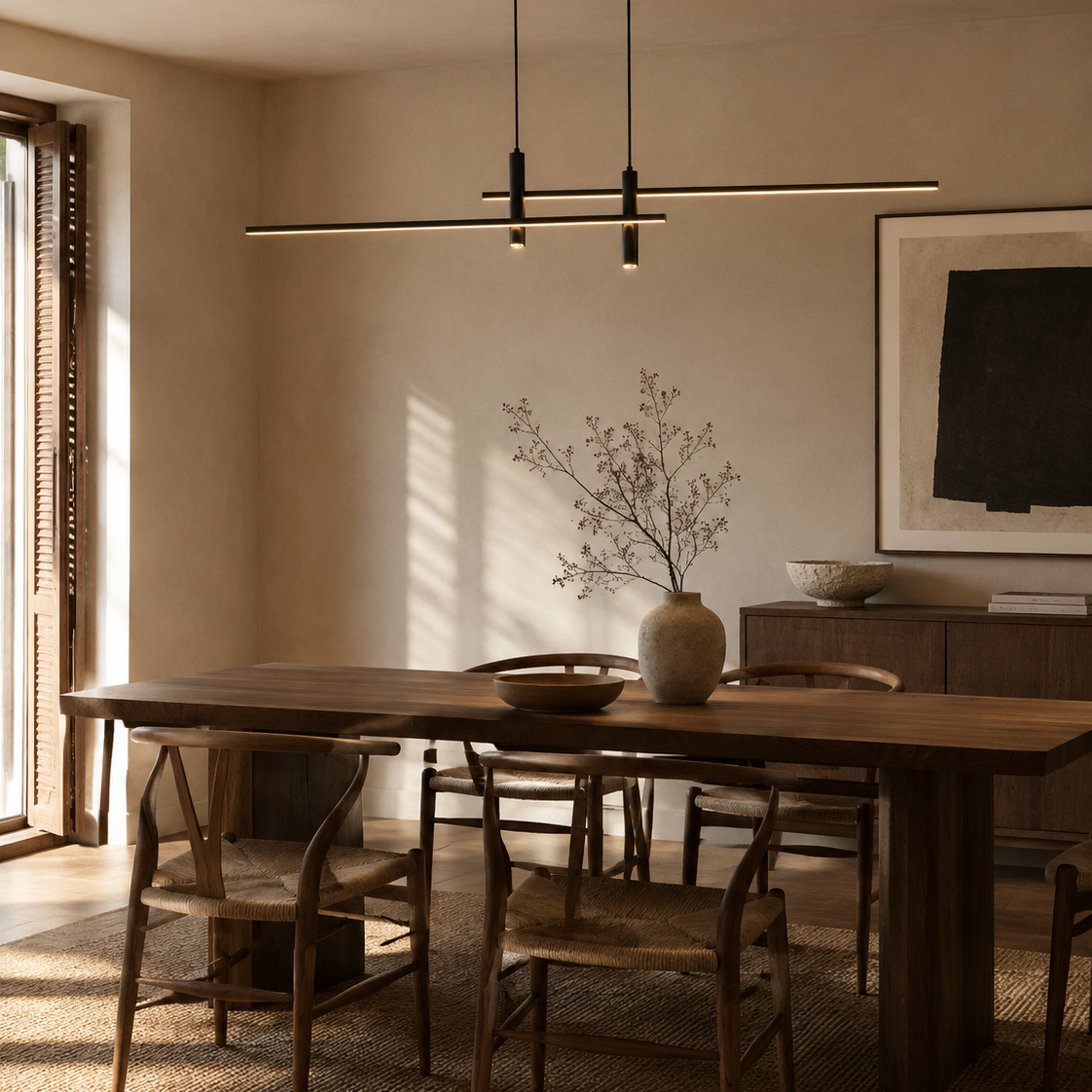 Gold and black linear LED pendant light - home office desk