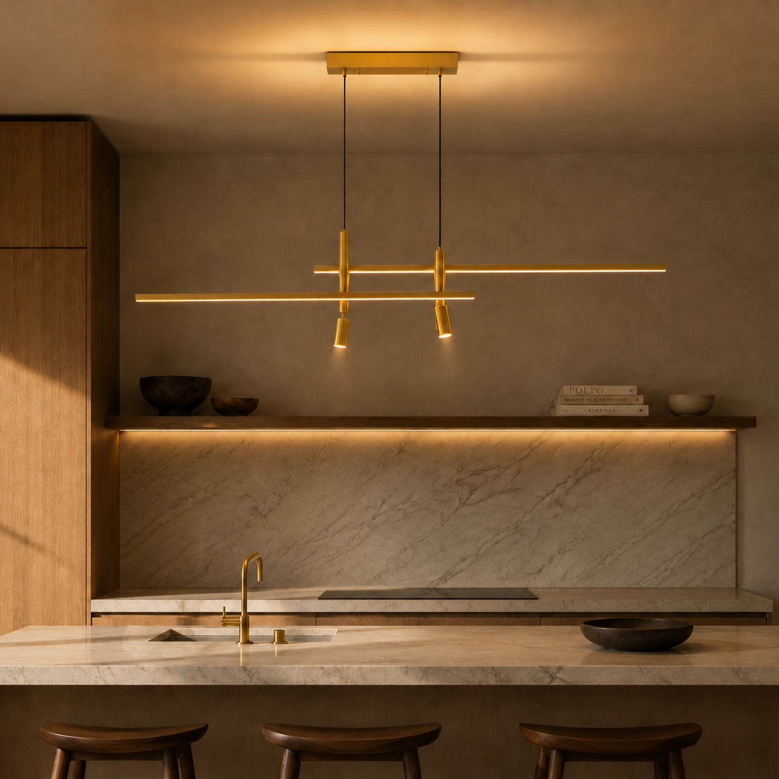 Gold and black linear LED pendant light - kitchen wide