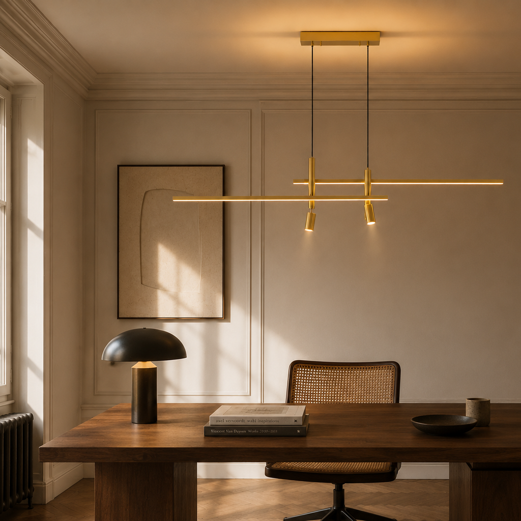 Gold and black linear LED pendant light - living room 2