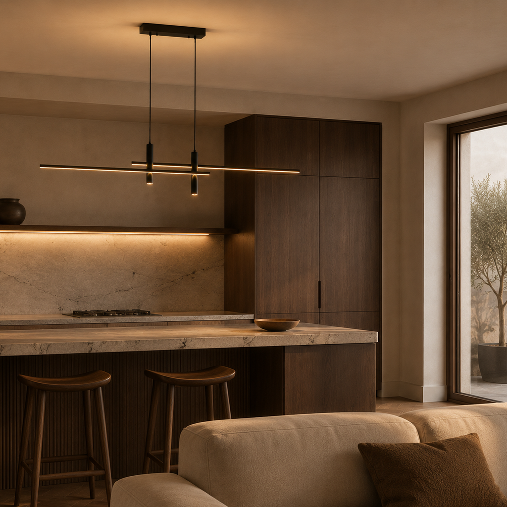 Gold and black linear LED pendant light - living room