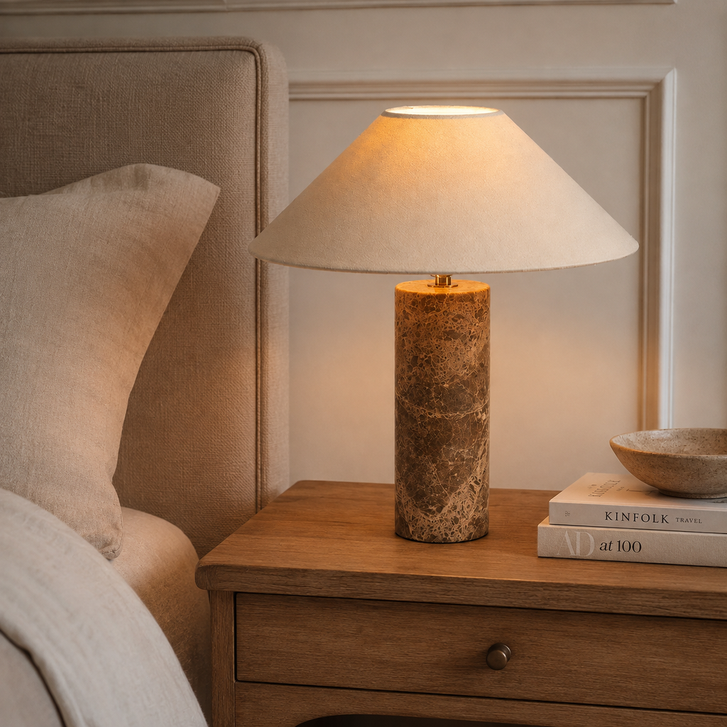 Nordic marble table lamp on a wooden nightstand