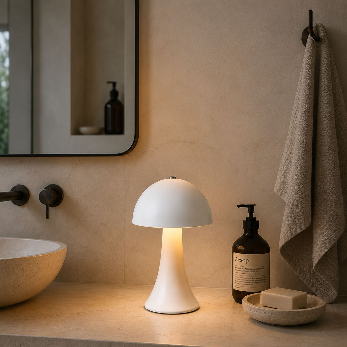 White mushroom-shaped touch lamp on a bathroom counter