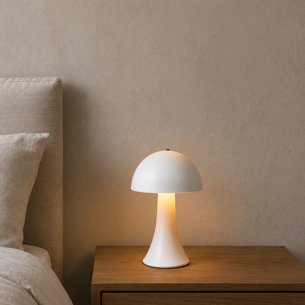 White mushroom-shaped touch lamp on a walnut nightstand