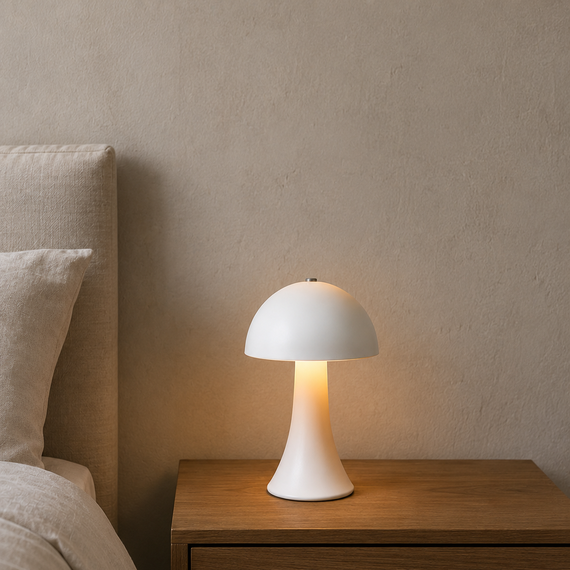 White mushroom-shaped touch lamp on a walnut nightstand