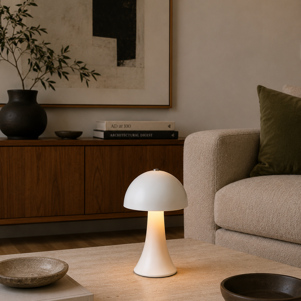 White mushroom-shaped touch lamp on a coffee table beside a sofa