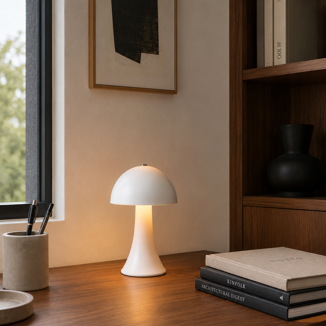 White mushroom-shaped touch lamp on a desk with houseplants
