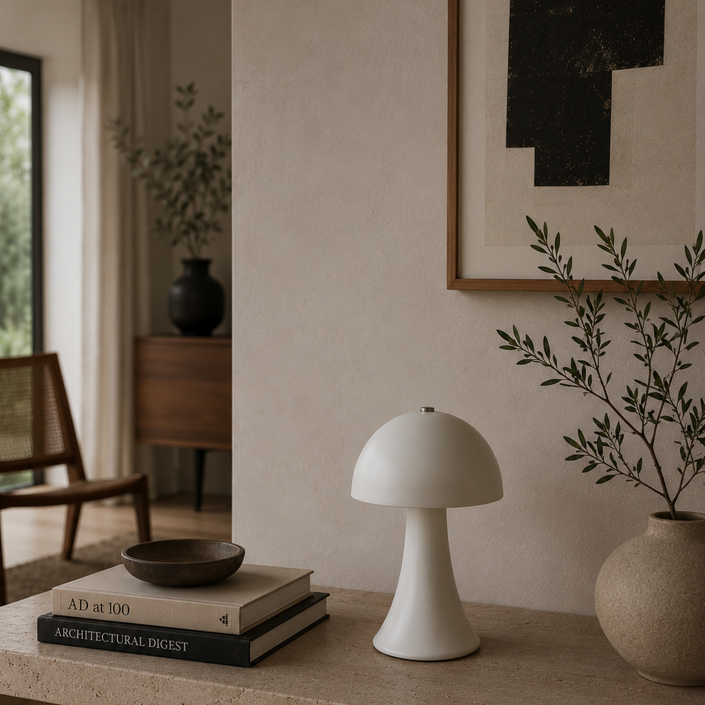White mushroom-shaped touch lamp in a warm living room