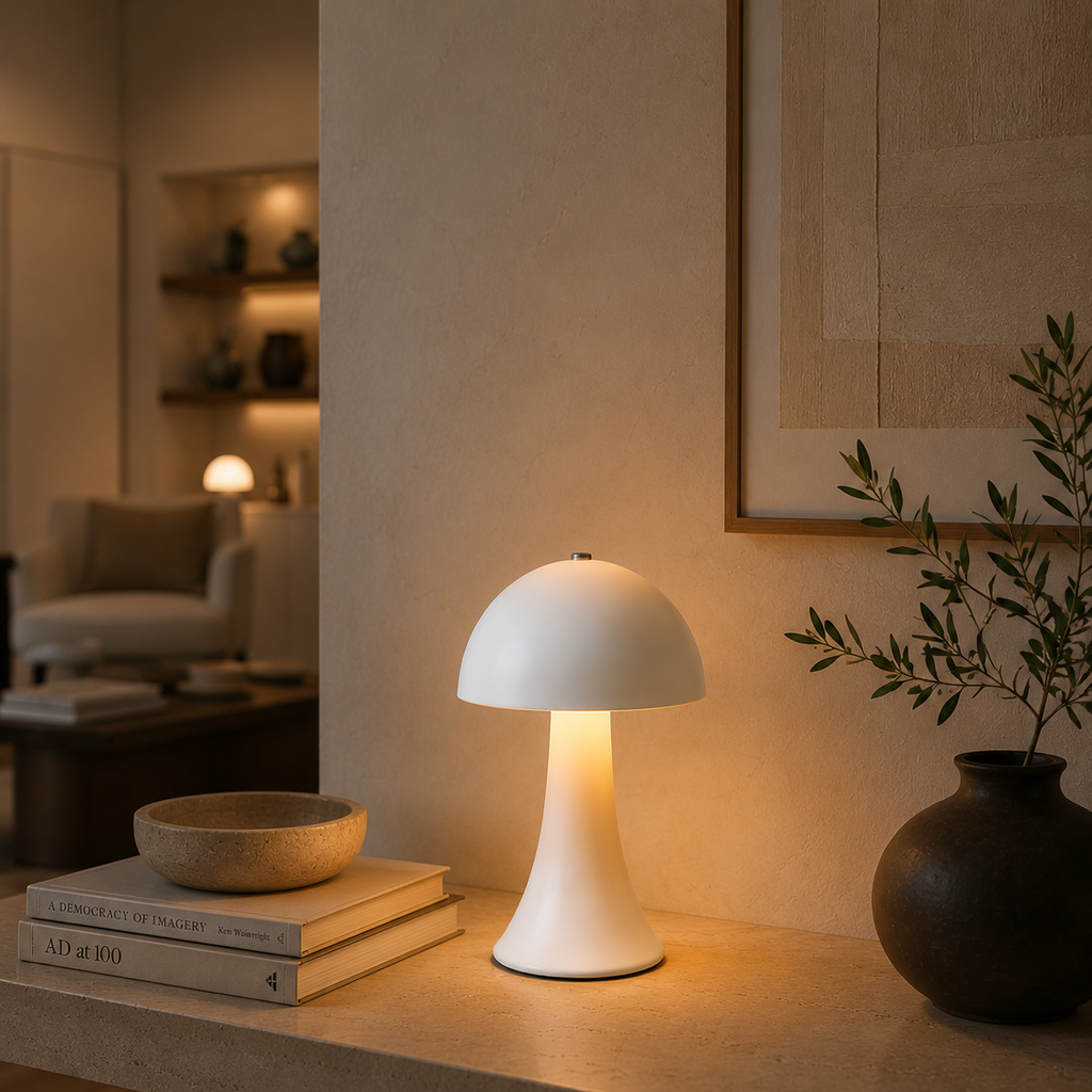 White mushroom-shaped touch lamp on an open shelf