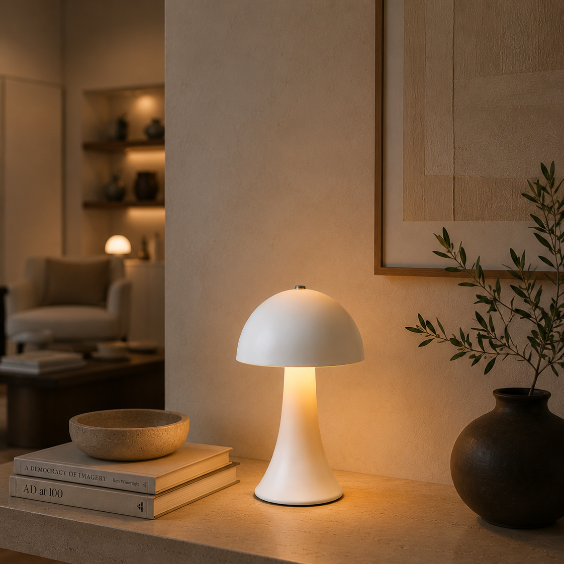 White mushroom-shaped touch lamp on an open shelf