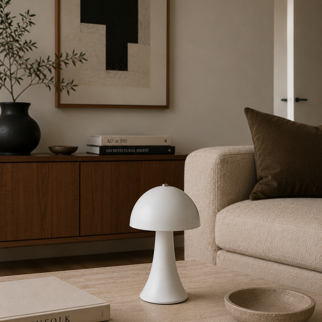 White mushroom-shaped touch lamp on a side table beside an armchair