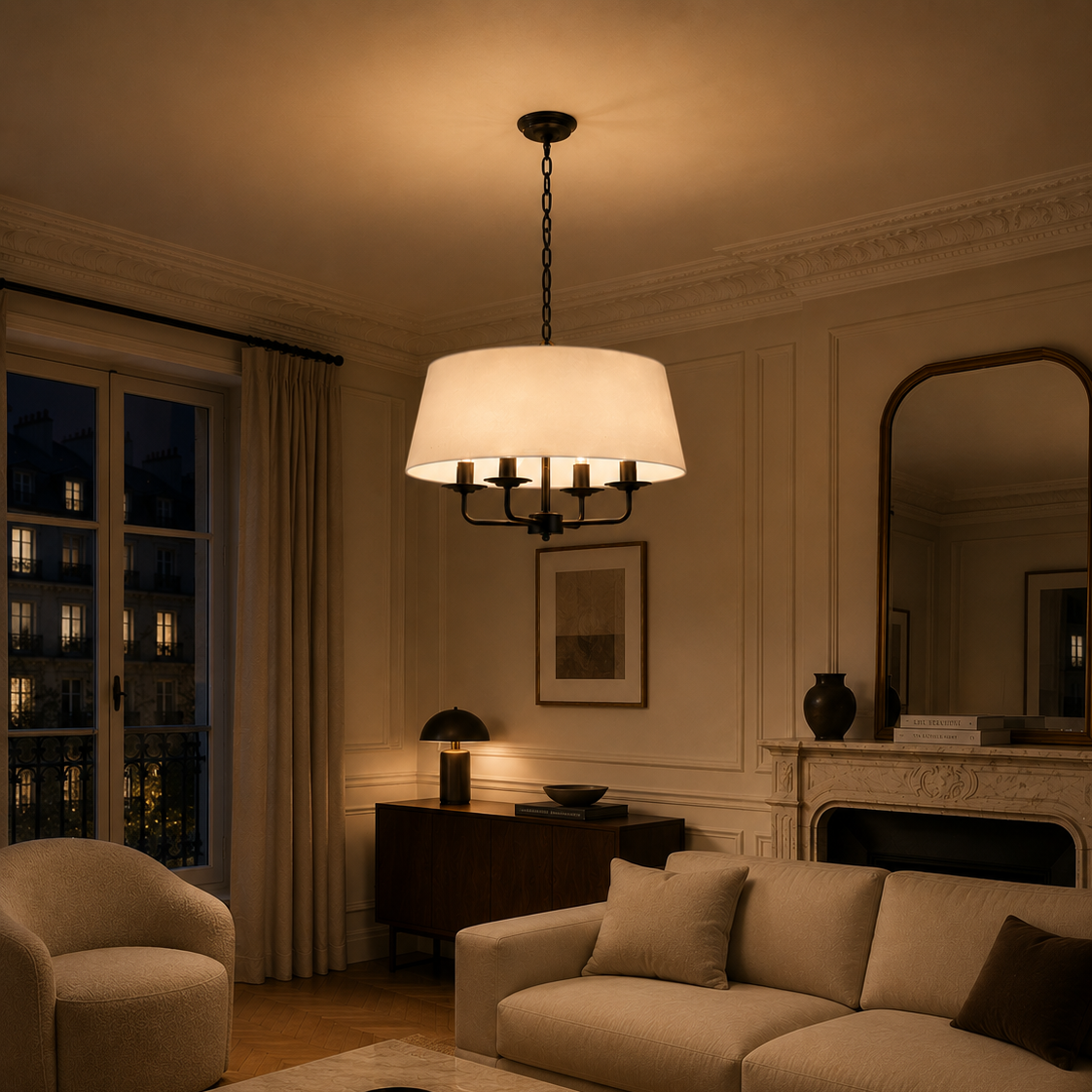 Nordic hemp and white chandelier - living room