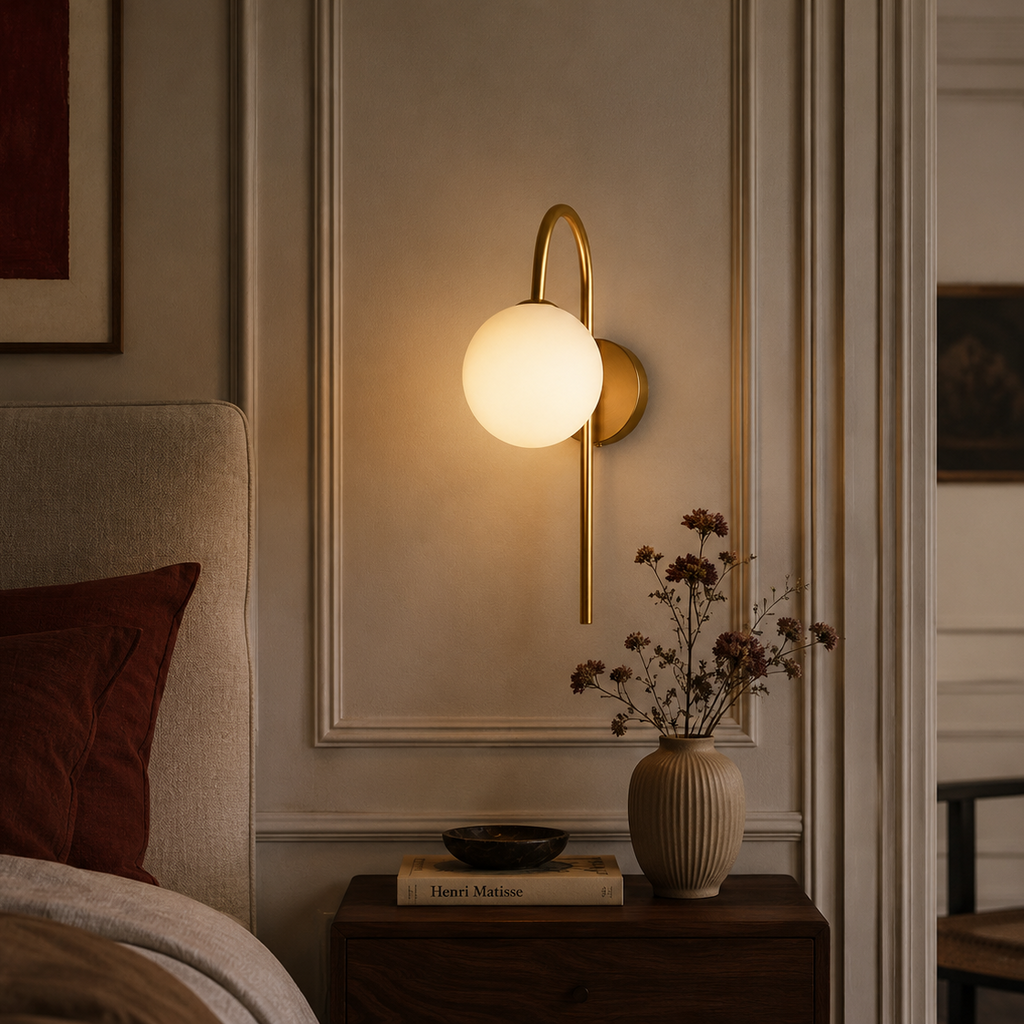 Nordic hook-arm globe wall light - bedroom