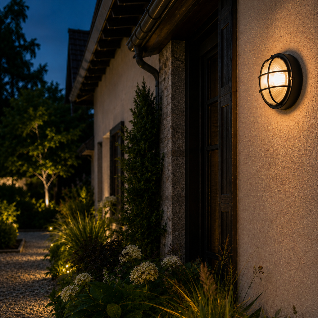 Bronze glass lantern ceiling light mounted on a stone house facade
