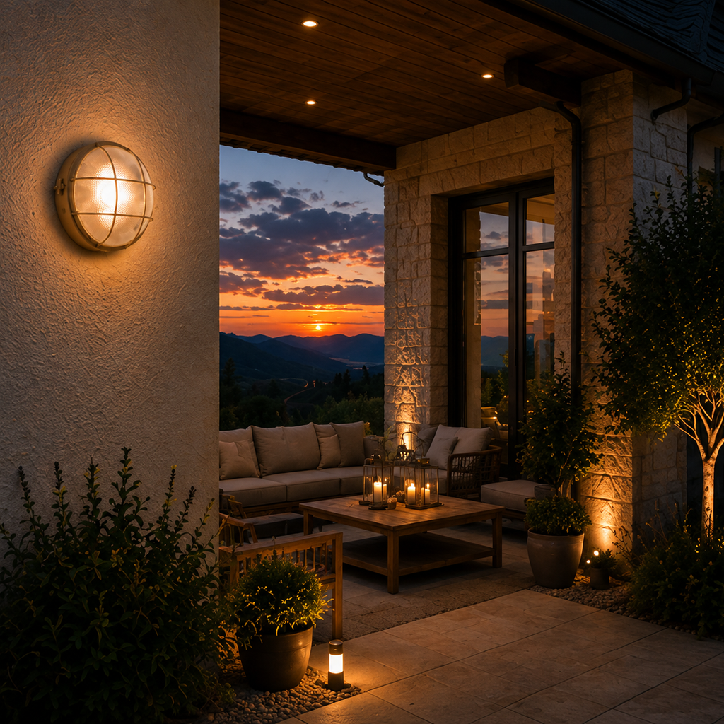 Bronze glass lantern ceiling light on a covered terrace at sunset
