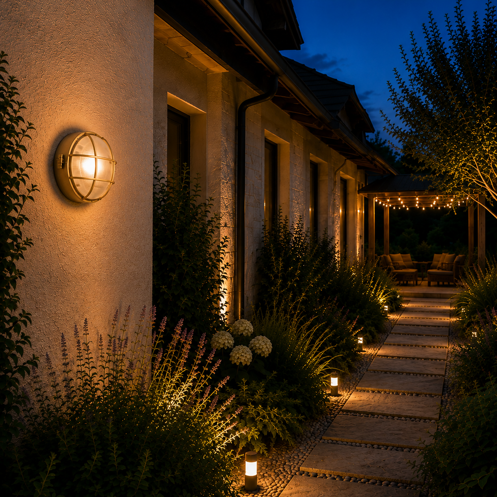 Vintage bronze glass porch lantern - walkway at dusk
