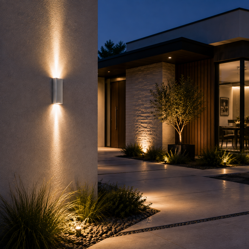 Aluminium up-down outdoor wall light beside a modern house entrance at dusk